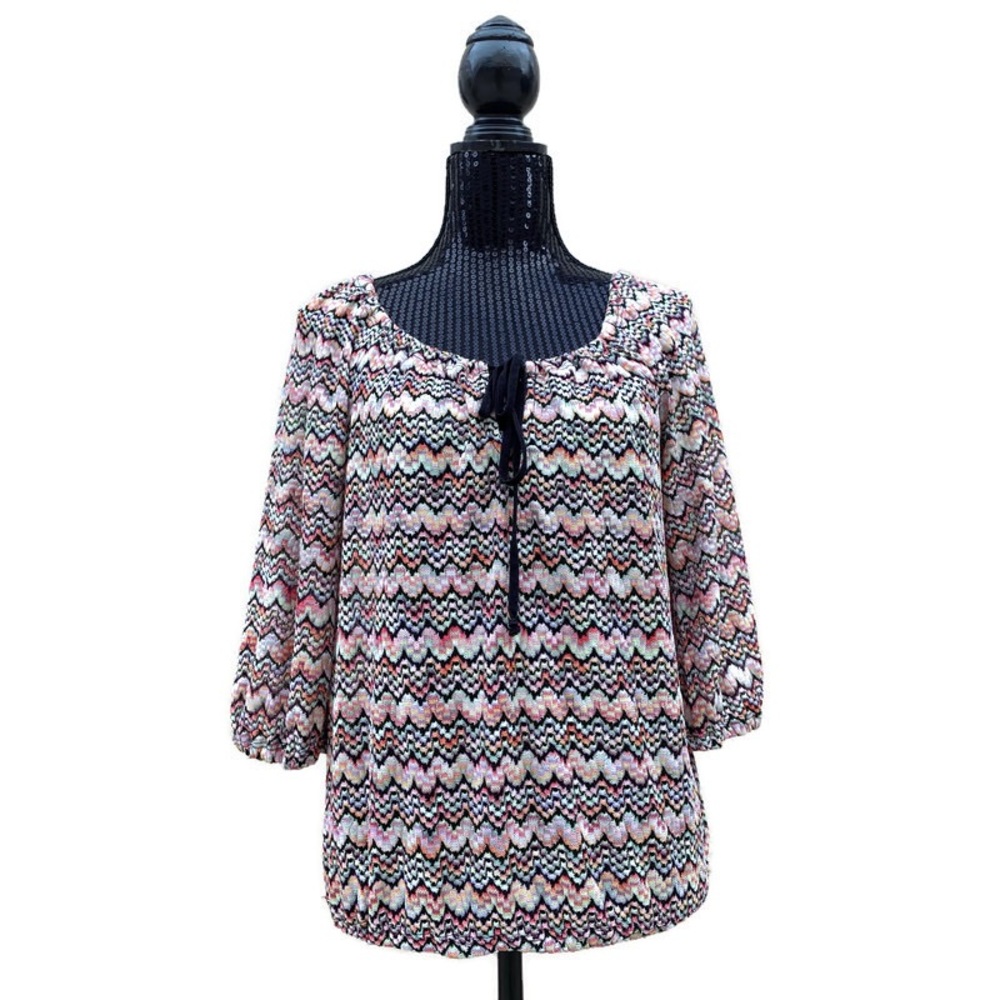 Trina Turk technicolor tie neck blouse